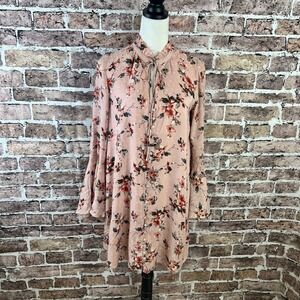 Chelsea & Violet Floral Print Dress Women's Medium Pink Ruffle Neck Long Sleeve‎